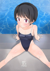 Rule 34 | 1girl, :o, bare arms, bare shoulders, black hair, black one-piece swimsuit, blush, borrowed character, dated, feet out of frame, from above, highleg, highleg swimsuit, looking up, one-piece swimsuit, original, parted lips, poolside, red eyes, short hair, signature, sitting, solo, swimsuit, water, wet, yone kinji