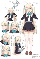 Rule 34 | 1girl, :d, accio, adjusting neckwear, aqua bow, aqua bowtie, aqua ribbon, bad id, bad pixiv id, black jacket, black skirt, blush, bow, bowtie, brown footwear, closed mouth, commentary request, creatures (company), cropped legs, cropped shoulders, frown, full-face blush, full body, game freak, gen 1 pokemon, grey eyes, grin, hair ornament, hair ribbon, hands up, height, highres, holding, holding pokemon, jacket, juliet sleeves, loafers, long hair, long sleeves, looking at another, looking at viewer, looking away, looking down, magne (accio), magnemite, morse code, multiple views, nintendo, nose blush, open clothes, open jacket, open mouth, original, platinum blonde hair, pleated skirt, pokemon, pokemon (creature), puffy sleeves, ribbon, sanpaku, school uniform, screw, screw hair ornament, sharp teeth, shoes, simple background, skindentation, skirt, slit pupils, smile, split mouth, standing, sweatdrop, teardrop, teeth, thighhighs, tsurime, twintails, very long hair, white background, white thighhighs, zettai ryouiki