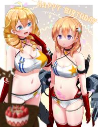 Rule 34 | 2girls, :d, ahoge, anti-aircraft, anti-aircraft gun, azur lane, bare shoulders, birthday cake, black choker, blonde hair, blue eyes, blurry, blurry foreground, blush, boots, breasts, cake, chicago (azur lane), chicago (azur lane) (cosplay), choker, cleavage, collarbone, commentary request, commission, cosplay, cowboy shot, criss-cross halter, drill hair, eagle union (emblem), elbow gloves, empty eyes, food, gloves, gochuumon wa usagi desu ka?, groin, hair between eyes, hair ornament, hairclip, halterneck, hand up, happy birthday, highres, hoto cocoa, large breasts, long hair, looking at another, medium breasts, micro shorts, midriff, multiple girls, navel, open mouth, orange hair, parted lips, partial commentary, pubic tattoo, purple eyes, red footwear, red gloves, rigging, shirt, shorts, sidelocks, skeb commission, sleeveless, sleeveless shirt, smile, soba chatarou (tita), standing, star (symbol), star choker, star print, tattoo, thigh boots, turret, twin drills, white shirt, white shorts