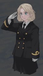 Rule 34 | 1girl, alternate costume, black jacket, black necktie, black skirt, blonde hair, blue eyes, buttons, closed mouth, commentary request, cropped legs, double-breasted, gloves, grey background, hat, highres, jacket, janus (kancolle), kantai collection, long sleeves, military, military hat, military uniform, necktie, salute, short hair, simple background, skirt, solo, sozan, uniform, white gloves