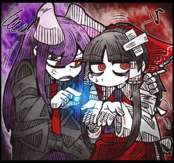 Rule 34 | 2girls, alternate costume, anger vein, animal ears, ascot, black hair, border, detached sleeves, extra ears, formal, glowing, gradient background, hair ornament, hair ribbon, hair tubes, hakurei reimu, jacket, japanese clothes, long hair, long sleeves, looking at another, looking to the side, looking up, miko, multiple girls, musical note, open mouth, pants, purple hair, quaver, rabbit ears, red eyes, reisen udongein inaba, ribbon, shirt, skirt, skirt set, suenari (peace), suit, sweatdrop, touhou, upper body, vest, wide sleeves