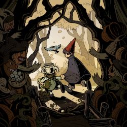 Rule 34 | 2boys, 9twoeight, beatrice (over the garden wall), bird, brown hair, day, forest, from behind, gregory (over the garden wall), highres, looking back, multiple boys, nature, outdoors, over the garden wall, parted lips, red headwear, short hair, tree, wirt (over the garden wall)