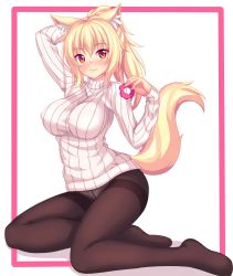Rule 34 | 1girl, absurdres, animal ear fluff, animal ears, arm up, black pantyhose, blonde hair, blush, breasts, cat ears, closed mouth, commentary, crotch seam, english commentary, hair between eyes, hair ornament, hair scrunchie, highres, large breasts, lips, long hair, long sleeves, looking at viewer, no pants, nottytiffy, original, panties, panties under pantyhose, pantyhose, ponytail, red eyes, ribbed sweater, scrunchie, simple background, slit pupils, solo, sweater, thighband pantyhose, tiffy (nottytiffy), turtleneck, turtleneck sweater, underwear, white background, white panties, white sweater