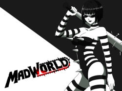 Rule 34 | 1girl, baseball bat, breasts, cleavage, detached sleeves, english text, female focus, leather, madworld, mathilda (madworld), monochrome, sega, solo, spiked bat, spikes, spot color, striped clothes, striped thighhighs, sunglasses, thighhighs
