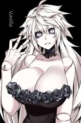 Rule 34 | black dress, black flower, black rose, black sclera, breasts, cleavage, colored sclera, doll, doll joints, dress, flower, highres, huge breasts, hz (666v), joints, rose, vanilla (camui kamui), white eyes, white hair