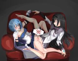 Rule 34 | 2girls, absurdres, akemi homura, barefoot, black hair, blue hair, blush, breasts, closed eyes, couch, couple, covered erect nipples, female fertilization, female orgasm, fertilization, gloves, hair ornament, hairband, happy sex, heart, highres, impregnation, long hair, magical girl, mahou shoujo madoka magica, medium breasts, miki sayaka, moaning, multiple girls, open mouth, orgasm, ovum, partially undressed, pussy, small breasts, soul gem, source request, sweat, tomodachi (tomofanart), tribadism, very long hair, yuri