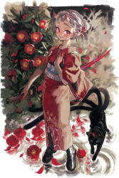 Rule 34 | 1girl, black cat, black footwear, blue pupils, boots, cat, earrings, flower, full body, grey hair, hair ornament, hand on own chest, highres, holding, holding flower, holding sword, holding weapon, horns, japanese clothes, jewelry, kanzashi, katana, kimono, looking at viewer, oni horns, original, petals, pointy ears, red eyes, red flower, red kimono, red nails, ripples, sasami (ki), solo, standing, standing on liquid, sword, weapon, wide sleeves