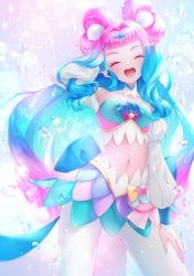 Rule 34 | 1girl, :d, absurdres, aoi itou, arm up, blue hair, blue nails, blush, bubble, closed eyes, closed mouth, commentary request, cowboy shot, crop top, cure la mer, detached collar, double bun, fingernails, hair bun, hair intakes, hand on own thigh, highres, laura (precure), layered skirt, legs apart, long hair, looking at viewer, magical girl, midriff, multicolored background, multicolored hair, nail polish, navel, open mouth, pantyhose, pink hair, precure, signature, skirt, smile, solo, standing, teeth, thick eyebrows, tropical-rouge! precure, two-tone hair, upper teeth only, white pantyhose, white sleeves