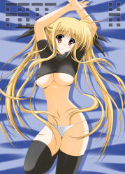 Rule 34 | 00s, 1girl, absurdres, blonde hair, breasts, covered erect nipples, fate testarossa, hair ribbon, highres, large breasts, long hair, lyrical nanoha, mahou shoujo lyrical nanoha, mahou shoujo lyrical nanoha strikers, oda ken&#039;ichi, panties, red eyes, ribbon, solo, thighhighs, twintails, underboob, underwear