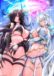 Rule 34 | 2girls, armor, artist name, bare shoulders, battle, bikini, bikini armor, black bikini, black choker, black hair, black shawl, blue hair, blue sky, breast press, breasts, choker, claws, cleavage, closed mouth, collarbone, commentary request, cowboy shot, crossed arms, dragon girl, dragon horns, dragon tail, energy beam, faulds, g (genesis1556), gauntlets, groin, hair between eyes, hair intakes, hair ornament, hair over one eye, hand on own stomach, hand on own thigh, highres, horns, large breasts, layered bikini, long hair, looking at viewer, lutian (g (genesis1556)), mia (g (genesis1556)), monster girl, multicolored hair, multiple girls, multiple horns, navel, original, red eyes, scales, shawl, shoulder armor, sidelocks, skindentation, sky, standing, stomach, streaked hair, sweat, swimsuit, tail, thigh strap, thighlet, underboob, very long hair, waist cape, whale, white bikini, white whale, yellow eyes