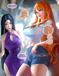 Rule 34 | 2girls, black hair, blue eyes, boa hancock, breasts, brown eyes, chinese clothes, cleavage cutout, clothes writing, clothing cutout, curvy, denim, denim shorts, dress, earrings, english text, fuck-me shirt, hip vent, jewelry, large breasts, long hair, meme attire, multiple girls, nami (one piece), narrow waist, one piece, orange hair, purple dress, sakimichan, shorts, snake earrings, speech bubble, wide hips