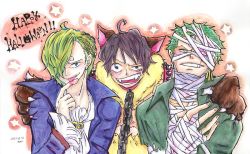 Rule 34 | 10s, 2013, 3boys, bandages, black hair, blonde hair, chain, costume, gloves, green hair, hair over one eye, halloween, male focus, monkey d. luffy, multiple boys, mummy, one-eyed, one piece, paw gloves, roronoa zoro, sanji (one piece), scar, traditional media, vampire