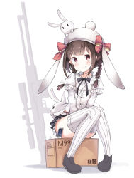 Rule 34 | 1girl, absurdres, animal bag, animal ears, animal hat, bag, black footwear, black skirt, blush, bow, box, braid, cardboard box, cellphone, character name, closed mouth, commentary request, ears down, girls&#039; frontline, hat, hat bow, head tilt, highres, layered sleeves, long sleeves, looking at viewer, low twintails, m99 (girls&#039; frontline), m99 (rabbit squad) (girls&#039; frontline), name connection, object namesake, official alternate costume, on box, phone, pleated skirt, puffy short sleeves, puffy sleeves, rabbit bag, rabbit ears, rabbit hat, red bow, red eyes, ribbed legwear, shirt, shoes, short over long sleeves, short sleeves, shoulder bag, sidelocks, sitting, sitting on box, skirt, smartphone, smile, sob (submar1089), solo, striped bow, striped clothes, striped thighhighs, thighhighs, twin braids, twintails, vertical-striped clothes, vertical-striped thighhighs, white hat, white shirt, white thighhighs, zijiang m99