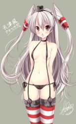 Rule 34 | 10s, 1girl, :o, amatsukaze (kancolle), black panties, blush, breasts, brown eyes, collarbone, covered erect nipples, garter straps, groin, hair ornament, kantai collection, lingerie, long hair, no shirt, open mouth, panties, personification, sakurano ru, side-tie panties, silver hair, simple background, small breasts, smile, solo, standing, striped clothes, striped thighhighs, thigh strap, thighhighs, twintails, two side up, underwear, underwear only