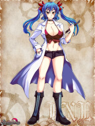 Rule 34 | 1girl, baroque night eclipse, blue hair, boots, breasts, brown eyes, huge breasts, lab coat, long hair, shorts, solo, twintails