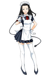 Rule 34 | 1girl, apron, black eyes, black footwear, black hair, black skirt, blush, collared shirt, electric plug, frilled apron, frills, full body, gloves, hand on own hip, high heels, highres, holding, kawamura tsukasa, long hair, maid, maid headdress, nose blush, original, parted lips, pleated skirt, shirt, shoes, simple background, skirt, soldering iron, solo, sweat, thighhighs, white background, white gloves, white thighhighs, wing collar, wire
