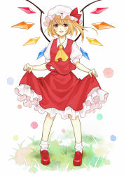 Rule 34 | 1girl, ascot, bad id, bad pixiv id, blonde hair, blush, dress, flandre scarlet, frilled skirt, frills, full body, hat, hat ribbon, holding, lazuri7, mary janes, mob cap, open mouth, puffy short sleeves, puffy sleeves, red eyes, ribbon, shoes, short hair, short sleeves, side ponytail, simple background, skirt, skirt hold, skirt set, smile, socks, solo, touhou, white background, wings
