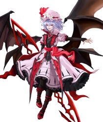 Rule 34 | alternate costume, alternate wings, bat wings, black legwear, blue hair, commentary, commentary request, downscaled, hat, highres, hyeondo, looking to the side, md5 mismatch, mob cap, outstretched arm, red eyes, remilia scarlet, resized, short hair, simple background, smile, touhou, white background, wings