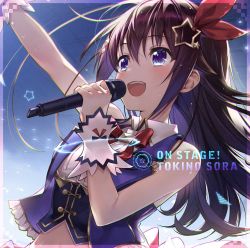 Rule 34 | 1girl, :d, album cover, amagai tarou, arm up, blue background, blue eyes, blue jacket, blush, border, bow, bowtie, breasts, brown hair, character name, collared shirt, commentary, cover, cropped jacket, cropped shirt, english text, hair between eyes, hair ornament, hair ribbon, highres, holding, holding microphone, hololive, jacket, long hair, medium breasts, microphone, midriff, music, navel, official art, open clothes, open jacket, open mouth, red bow, red bowtie, ribbon, shirt, singing, sleeveless, sleeveless jacket, smile, solo, star (symbol), star hair ornament, sweat, tokino sora, tokino sora (1st costume), upper body, virtual youtuber, white shirt, wing collar, wrist cuffs