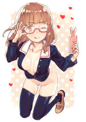 Rule 34 | 10s, 1girl, adjusting eyewear, bar censor, black thighhighs, blunt bangs, blush, breasts, brown eyes, brown hair, cellphone, censored, cleavage, female pubic hair, full body, girls und panzer, glasses, heart, kneeling, large breasts, loafers, matching hair/eyes, nail polish, no bra, no panties, open clothes, open shirt, phone, pubic hair, red-framed eyewear, semi-rimless eyewear, shirt, shoes, skindentation, solo, subachi, takebe saori, thighhighs, thighs, tongue, tongue out, under-rim eyewear