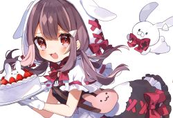 Rule 34 | 1girl, :3, :d, absurdres, animal hood, bag, black dress, bow, bowtie, brown hair, cake, dress, food, fruit, gloves, highres, holding, holding cake, holding food, hood, hood up, indie virtual youtuber, long hair, looking at viewer, low twintails, noi mine, official art, open mouth, rabbit, rabbit hood, red bow, red bowtie, red eyes, shoulder bag, simple background, smile, solo, strawberry, strawberry shortcake, twintails, uchamochi mochi, virtual youtuber, white background, white gloves