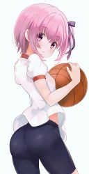 Rule 34 | 1girl, ass, ball, basketball, basketball (object), bike shorts, black bike shorts, black shorts, blouse, blush, cowboy shot, eyes visible through hair, from behind, from side, gym shirt, gym uniform, highres, hiroki (yyqw7151), holding, holding ball, looking at viewer, looking back, looking to the side, minato tomoka, one side up, pantylines, pink eyes, pink hair, rou-kyuu-bu!, shirt, short sleeves, shorts, side ponytail, sidelocks, simple background, solo, white background, white shirt