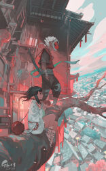 Rule 34 | 1boy, 1girl, architecture, bandages, basket, black hair, blue eyes, bottle, bracelet, branch, building, city, cityscape, cloud, cloudy sky, day, east asian architecture, from side, hair ornament, highres, holding, holding bottle, house, japanese clothes, jewelry, kimono, long sleeves, mask, medium hair, necklace, original, outdoors, pointy ears, print kimono, sandals, sash, scenery, sheath, sheathed, short hair, short kimono, sidelocks, sitting, sitting on branch, sky, slippers, socks, standing, sword, tabi, weapon, wenjun lin, white hair, white kimono, white socks, wide sleeves