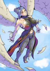 Rule 34 | 1girl, absurdres, bare shoulders, black nails, blue hair, breasts, closed mouth, curvy, eyeshadow, flower, flying, hair flower, hair ornament, highres, huge breasts, konan (naruto), labret piercing, large breasts, looking up, makeup, midriff, nail polish, naruto (series), naruto shippuuden, navel, navel piercing, pants, paper, piercing, short hair, sideboob, sleeveless, smile, solo, tight clothes, tight pants, wide hips, wings