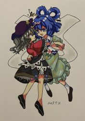 Rule 34 | 2girls, alternate eye color, alternate hair color, black footwear, black skirt, blue dress, blue eyes, blue hair, bright pupils, cabbie hat, collared vest, dated, dress, drill hair, drill sidelocks, empty eyes, expressionless, frilled dress, frills, full body, furiba 794, grey eyes, grey hair, hagoromo, hair ornament, hair rings, hair stick, hat, highres, jiangshi, kaku seiga, lace-trimmed sleeves, lace trim, looking at another, medium hair, miyako yoshika, multiple girls, ofuda, open clothes, open mouth, open vest, puffy short sleeves, puffy sleeves, purple headwear, red shirt, shawl, shirt, shoes, short sleeves, sidelocks, simple background, skirt, smile, socks, star (symbol), star hair ornament, touhou, traditional media, vest, waltz (dance), white pupils, white socks, wide sleeves