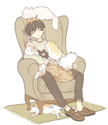 Rule 34 | 1boy, animal, black hair, brown cat, brown footwear, brown pants, cat, cat day, closed eyes, commentary request, couch, full body, grey cat, highres, long sleeves, male focus, necono naco, no socks, on couch, original, pants, parted lips, plaid, plaid pants, rug, shoes, short hair, signature, simple background, sitting, sleeping, solo, sweater, too many, too many cats, white background, white cat, yellow cat, yellow sweater