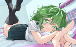 Rule 34 | 1girl, absurdres, bed, bedroom, black socks, boku no hero academia, closed mouth, feet up, fengling (furin-jp), green eyes, green hair, green skirt, hagakure tooru, hair between eyes, head on pillow, highres, looking at viewer, lying, messy hair, multicolored hair, on bed, on stomach, pillow, pink hair, pleated skirt, pointing, school uniform, shirt, short sleeves, skirt, socks, solo, thick eyelashes, thighhighs, u.a. school uniform, unusually visible, white shirt, yellow pupils, zettai ryouiki