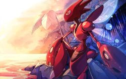 Rule 34 | commentary request, creatures (company), day, from side, game freak, gen 2 pokemon, horns, looking up, nintendo, no humans, outdoors, palm tree, pincers, pokemon, pokemon (creature), pokimari, rock, scizor, sitting, solo, tree