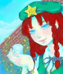 Rule 34 | 1girl, bell, beret, blue eyes, bracelet, braid, colored eyelashes, day, female focus, fingernails, flower, glass, hat, holding, hong meiling, jewelry, lips, long hair, looking at viewer, mago (gengennikoniko), nature, outdoors, pale skin, plant, red hair, ribbon, rose, sky, slit pupils, smile, solo, star (symbol), touhou, twin braids, upper body, yellow flower, yellow rose