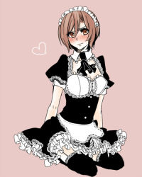 Rule 34 | 1girl, apron, bad id, bad pixiv id, blush, frills, heart, looking at viewer, maid, maid apron, meiko (vocaloid), muro (ninimohu), simple background, sitting, solo, tsundere, vocaloid