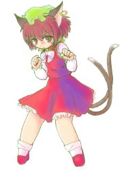 1girl :&lt; animal_ears brown_hair cat_ears cat_girl cat_tail chen chibi dress earrings female_focus full_body hat jewelry multiple_tails short_hair simple_background slit_pupils solo sotto tail touhou white_background