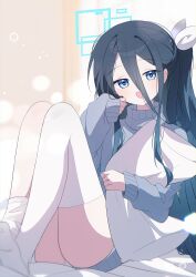 Rule 34 | 1girl, absurdly long hair, absurdres, aris (blue archive), ass, black hair, blue archive, blue eyes, blue halo, blush, grey sweater, halo, highres, long hair, long sleeves, looking at viewer, one side up, open mouth, panties, seno (senohime), smile, solo, sweater, thighhighs, turtleneck, turtleneck sweater, underwear, very long hair, white panties, white thighhighs