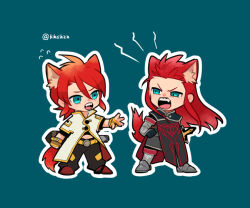 Rule 34 | 2boys, animal ears, aqua background, armor, asch (tales), belt, black pants, blue eyes, cat ears, coat, commentary request, full body, gauntlets, gold trim, greaves, hair between eyes, kemonomimi mode, long hair, luke fon fabre, male focus, medium hair, meiji (pecosyr5), multiple boys, open mouth, pants, red hair, sheath, sheathed, simple background, standing, sword, tail, tales of (series), tales of the abyss, teeth, upper teeth only, v-shaped eyebrows, weapon, white coat