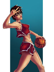 Rule 34 | 1girl, ball, basketball, basketball (object), basketball uniform, highres, short hair, shorts, sportswear, trancendental raccoon
