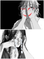 Rule 34 | 1boy, 1girl, absurdres, fake tears, false smile, feng baobao, hand tattoo, hands up, highres, laofuhe74589, looking ahead, looking at viewer, one eye covered, parted hair, parted lips, peeking through fingers, portrait, short hair, simple background, sketch, smile, spot color, tattoo, yiren zhixia, zhang chulan
