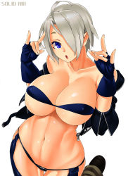 Rule 34 | 1girl, :o, ahoge, angel (kof), blue eyes, breasts, cleavage, fingerless gloves, gloves, hair over one eye, highres, huge breasts, large breasts, navel, short hair, silver hair, simple background, snk, solo, the king of fighters, toned, underboob, white background, wide hips, zonda (solid air)