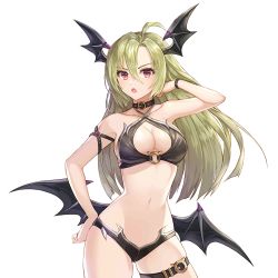 Rule 34 | 1girl, :o, ahoge, arm belt, arm up, armpits, bare arms, bare shoulders, bikini, black bikini, black choker, breasts, choker, cleavage, collarbone, cowboy shot, criss-cross halter, green hair, hair between eyes, halterneck, halterneck, head wings, king&#039;s raid, large breasts, long hair, looking at viewer, low wings, navel, o-ring, o-ring bikini, official art, open mouth, red eyes, solo, standing, stomach, swimsuit, tanya (king&#039;s raid), thigh strap, thighs, transparent background, wings, wristband