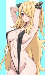 Rule 34 | 1girl, alternate eye color, arms behind head, arms up, asairosora, blonde hair, breasts, covered erect nipples, cowboy shot, creatures (company), cynthia (pokemon), game freak, groin, hair ornament, hair over one eye, highres, large breasts, long hair, looking at viewer, navel, nintendo, open mouth, pokemon, pokemon dppt, slingshot swimsuit, solo, swimsuit, very long hair, yellow eyes