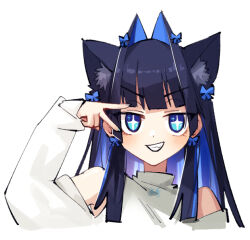 Rule 34 | 1girl, adarin, animal ears, bare shoulders, blue eyes, blue hair, blue ribbon, blunt bangs, blush, cat ears, colored inner hair, detached sleeves, earrings, fang, grin, hair intakes, hair ribbon, hololive, hololive english, jewelry, long hair, long sleeves, looking at viewer, multicolored hair, official alternate costume, ouro kronii, ouro kronii (casual), ribbon, ribbon earrings, shirt, simple background, smile, smug, solo, sparkle, sparkling eyes, teeth, v, v over eye, virtual youtuber, white background, white shirt