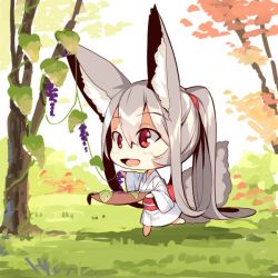 Rule 34 | 1girl, :d, absurdly long hair, animal ear fluff, animal ears, barefoot, blush, bowl, chibi, commentary request, day, food, fox ears, fox girl, fox tail, fruit, full body, grapes, hair between eyes, holding, holding bowl, japanese clothes, kimono, long hair, long sleeves, obi, on grass, open mouth, original, outdoors, red eyes, sash, silver hair, smile, solo, standing, standing on one leg, tail, tail raised, tree, very long hair, white kimono, wide sleeves, yuuji (yukimimi)