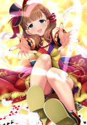 Rule 34 | 1girl, :d, blue eyes, blush, braid, brown hair, card, dress, feathers, fringe trim, hair ribbon, hat, highres, idolmaster, idolmaster cinderella girls, idolmaster cinderella girls starlight stage, long sleeves, looking at viewer, mini hat, mini top hat, mk (mod0), open mouth, outstretched arms, playing card, reaching, reaching towards viewer, ribbon, sakuma mayu, shoes, short hair, single braid, smile, solo, top hat, white feathers