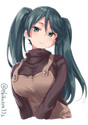 Rule 34 | 1girl, blue hair, breast press, breasts, brown sweater, casual, ebifurya, green eyes, hair between eyes, highres, isuzu (kancolle), kantai collection, large breasts, long hair, looking at viewer, open mouth, pink lips, simple background, solo, sweater, swept bangs, turtleneck, turtleneck sweater, twintails, upper body, v arms, white background