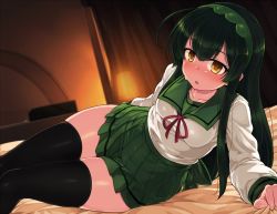 Rule 34 | 1girl, black hair, black thighhighs, blush, brown eyes, long hair, looking at viewer, lying, miniskirt, null (nyanpyoun), on bed, on side, original, pleated skirt, skindentation, skirt, solo, thick thighs, thighhighs, thighs, touhoku zunko, zettai ryouiki