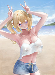 Rule 34 | absurdres, armpits, arms up, barbara (genshin impact), beach, blonde hair, blue eyes, blue shorts, blue sky, blush, breasts, camisole, cleavage, closed mouth, collarbone, covered erect nipples, double v, drill hair, genshin impact, hair ribbon, highres, large breasts, looking at viewer, midriff, navel, no bra, ocean, ribbon, rosumerii, short shorts, shorts, sky, smile, twin drills, twintails, twitter username, v, white ribbon
