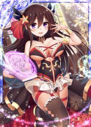 Rule 34 | 1girl, :d, bare shoulders, book, breasts, brown hair, collaboration, collarbone, flower, frilled skirt, frills, gauntlets, hair flower, hair ornament, holding, holding book, indoors, large breasts, long hair, looking at viewer, magic circle, miniskirt, official art, open mouth, purple eyes, ray-akila, shinkai no valkyrie, shinki kakusei melty maiden, shirt, skirt, smile, thighhighs, underwear, white shirt, white thighhighs, window