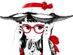 Rule 34 | 1girl, adjusting eyewear, blunt bangs, buttons, collared shirt, commentary request, fingernails, glasses, hair ribbon, hands up, hat, hat ribbon, horned girl (jaco), horns, jaco, long hair, looking at viewer, monochrome, original, red-framed eyewear, red eyes, red ribbon, ribbon, shirt, sidelocks, simple background, solo, spot color, straw hat, upper body, white background